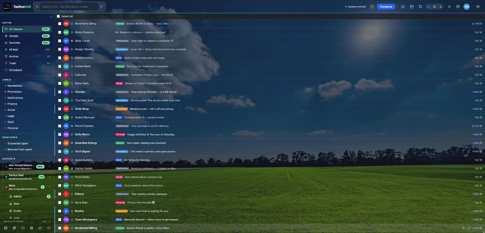 Tacitus Mail unified inbox over a photo theme: every mailbox in one list, with colour labels, accounts and folders in the sidebar